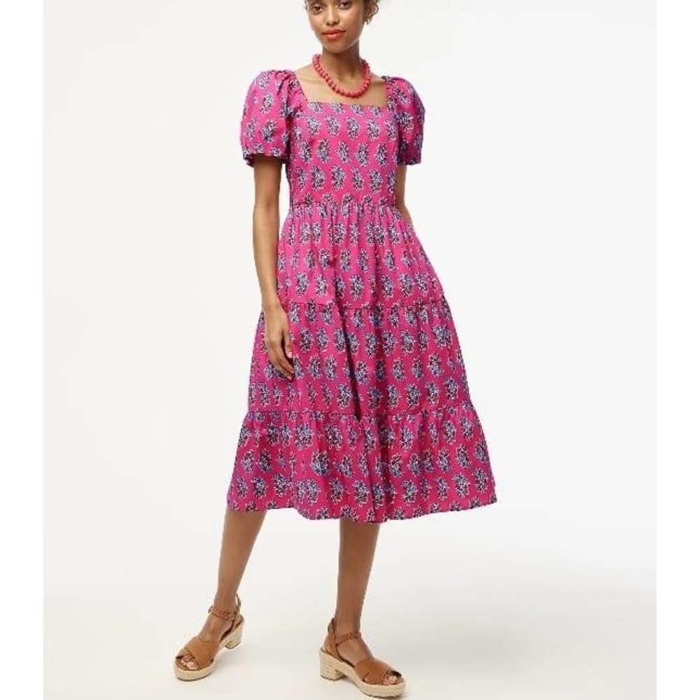 J.Crew Pink Floral Cotton Poplin Tiered Midi Dress Puff Sleeve Smocked Back 0
